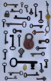 35 pc Antique to Vintage Skeleton, Jail, Trunk, Clock, Safe, Coin Vending Key & Padlock Collection