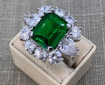 Incredible Sterling Silver, CZ & Emerald Glass Cocktail Ring