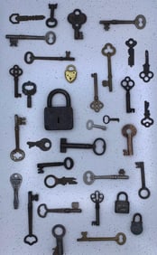 34 pc Antique to Vintage Skeleton, Railroad, Trunk, Safe, Cabinet Key & Padlock Collection