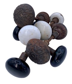 Victorian Milk Glass, Raven Glass & Embossed Metal Door Knob Handle Collection