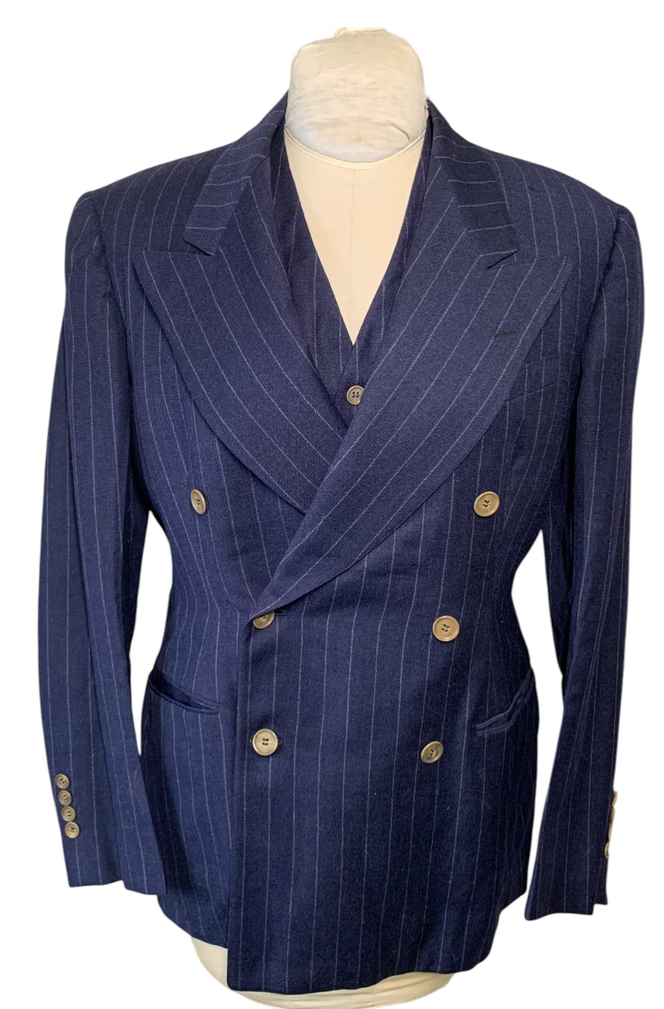 1930s Bogart Style Vintage 3 pc Blue Pinstripe Men's Wool Suit: Double Breasted Jacket, Vest, Slacks (1 of 20)