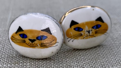 Pair Mid Century Victoria Fleming NY Porcelain Happy & Sad Cat Face Cufflinks