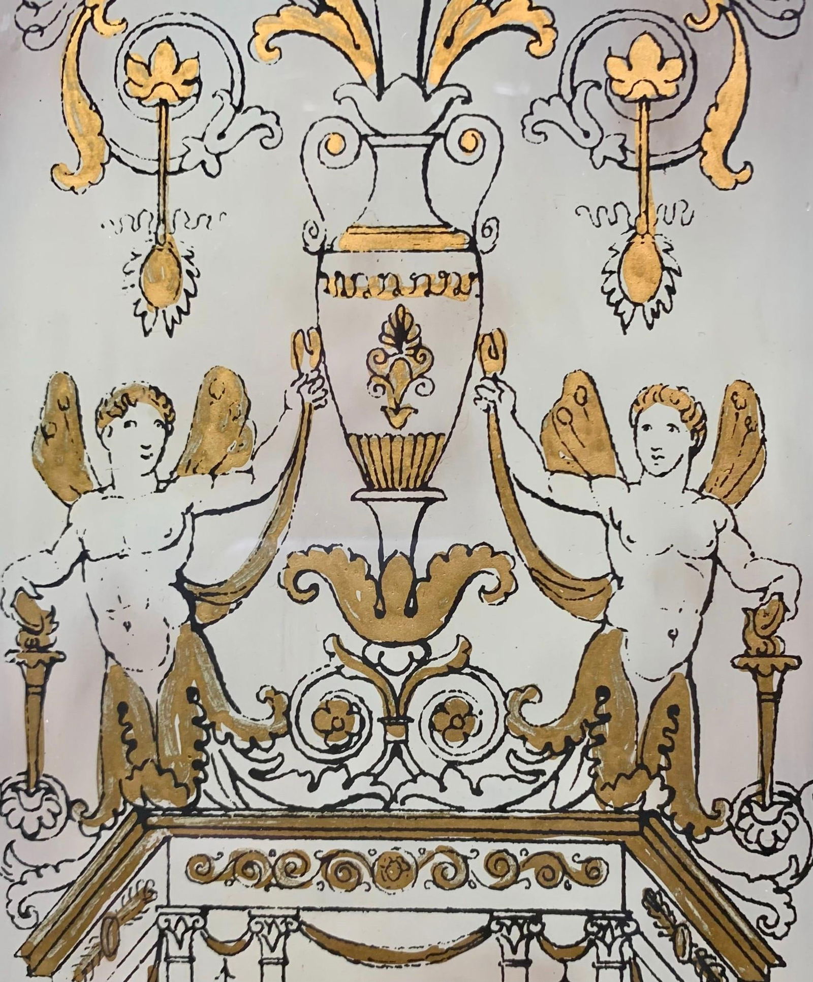 Early Reverse Painted Neoclassical, Mythical Creatures, Gilded Frame Art Frieze on Glass (1 of 11)