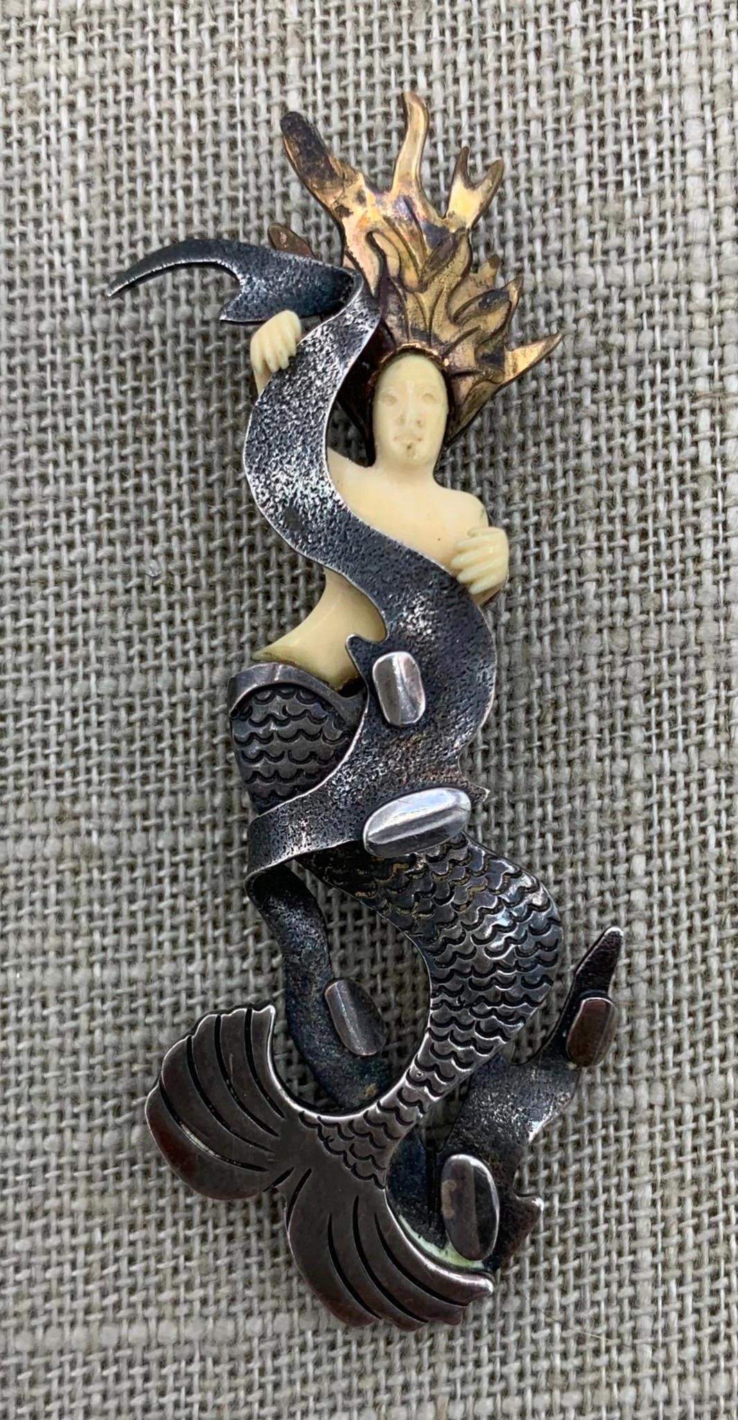 Incredible Ancient Mammoth Tusk, Sterling Silver &14k Gold Filled Zealandia Mermaid Brooch: Hallmarked on rear, 2 5/8" x 1", working clolsure, Outstanding design.