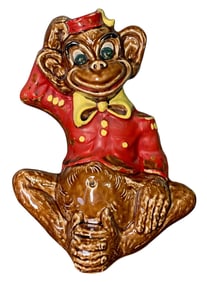 Large Mid Century Pottery Monkey Bellhop Coin Bank