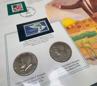30 John F Kennedy US Half Dollar Uncirculated Coins & 15 Unused Stamp Collection
