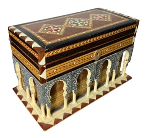 Intricate Spanish Wood & Composite Ivory Marquetry Mosaic Columned Temple Jewel Casket, Lidded Box
