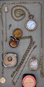 Antique to Vintage Pocket Watch, Watch Chains & Jewelers Elgin Watch Co Tin Box Collection