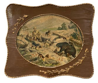 Antique c1905 Teddy Roosevelt Bear Hunting Scene Framed Hunt Lodge, Cabin, Lithograph