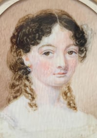 Incredible 19th Century Hand Painted Miniature Portrait, Birdseye Maple Frame