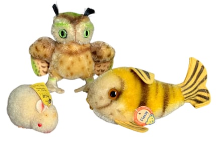 Trio Vintage STEIFF Wool & Cotton Owl Wittie, Fish Flossy & White Mouse Stuffed Animal Toys, Tagged