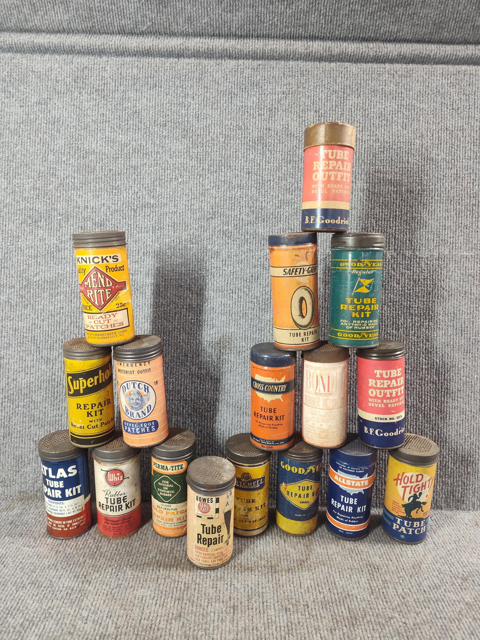 17- Various Tube Repair Kits: Whiz, Goodyear, Allstate, Atlas, Cross Country and Western Auto are metal, others are cardboard. Some with contents. Instant collection!!