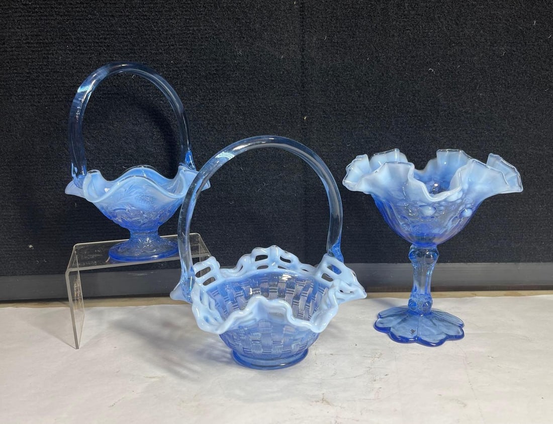 Fenton Blue Opalescent Glass: 5 inch strawberry pattern basket, 7 in tall compote and 6 inch basket weave. All glass pieces are beautiful and in good condition!
