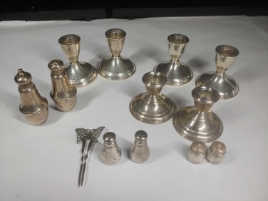 Sterling Silver Candlesticks, Shakers, & Fork