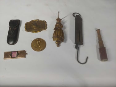 Brass Door Knocker, Atwater Kent Radio Tag, Medallions, and smalls