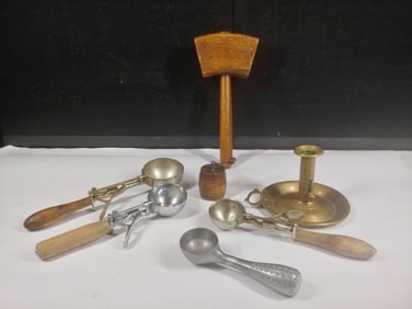 Wood Handled Utensils & Brass Thumb Candlestick