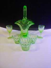 Uranium Glass Basket, and Cups