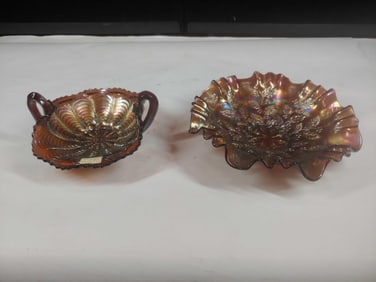 Fenton Holly Berry and Peacock Tail Carnival Glass Dishes