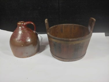 Red Ware Clay Jug & Wooden Bucket