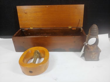 Dovetailed Wood Chest, Cast Iron Bee Hive Holder & Hat Mold