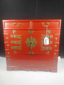 Red Lacquered Asian Inspired Chest