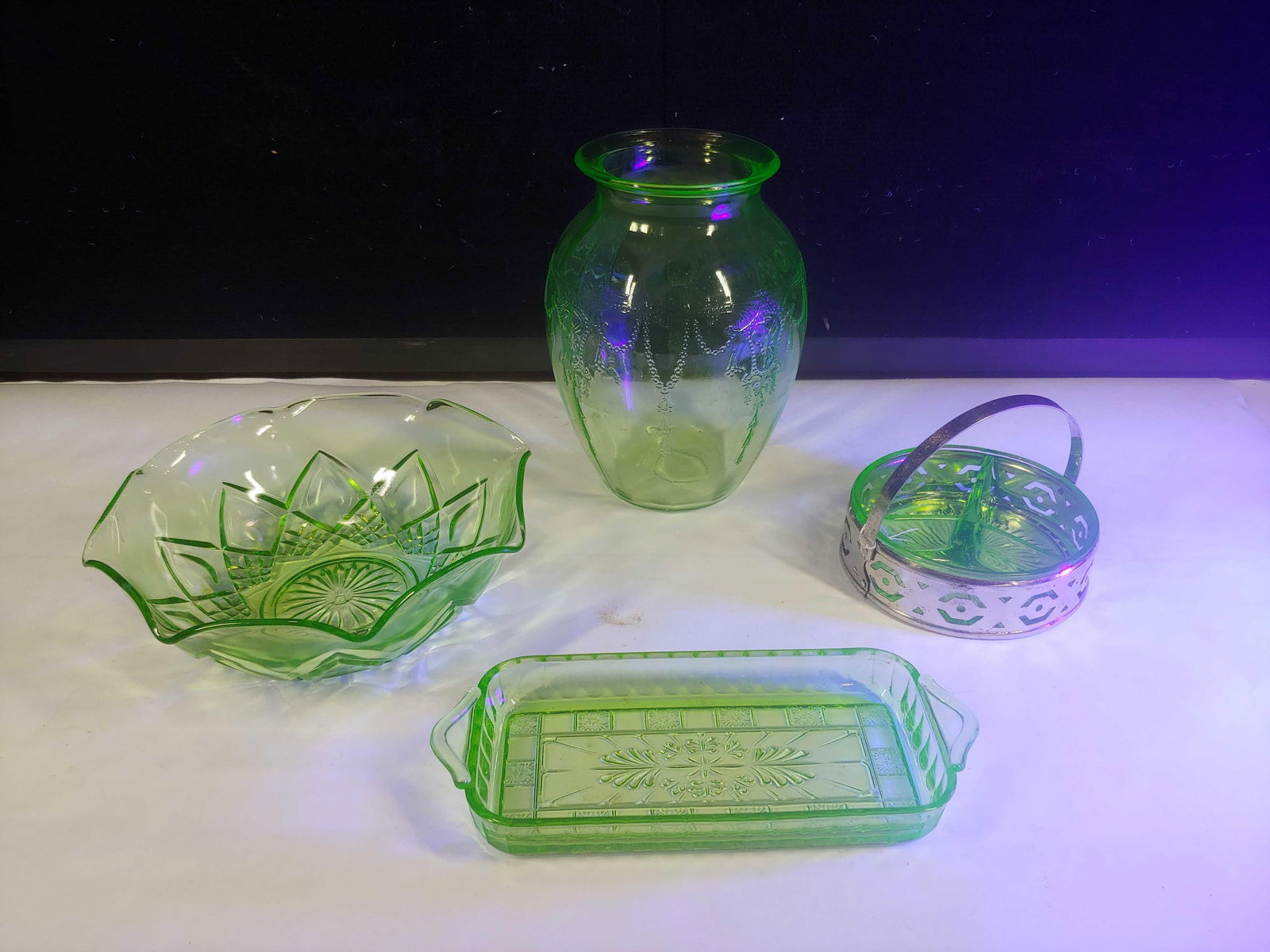 Uranium Glass Vase, and Serving Dishes (1 of 6)