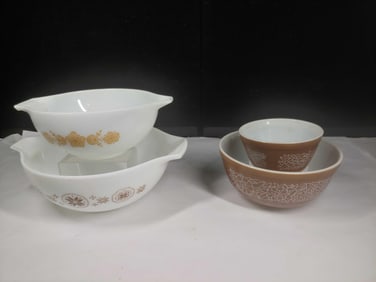 Woodland, Butterfly Gold, and Town & Country Pyrex Mixing Bowls