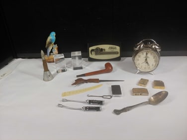 Timex Clock, Paper Weights, Pipes, Lighters & Collectibles