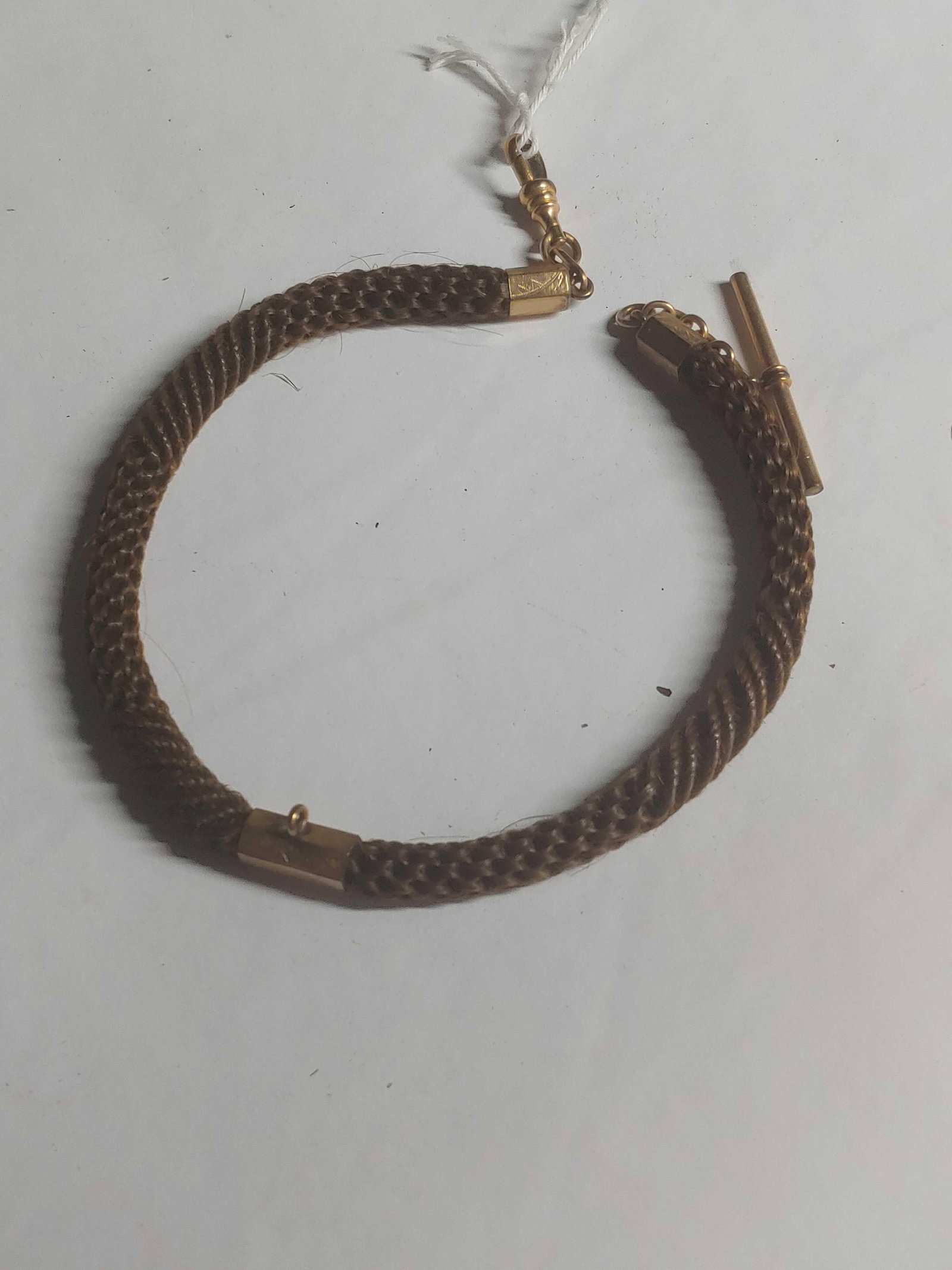 Victorian Woven Hair Watch Fob: Gold filled hardware, excellent twisted hair watch chain/fob. 12 inches long
