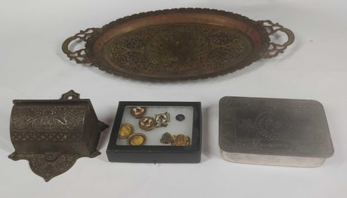 1914 Trinket Box, Match Holder, Masonic Pins, and Peacock Tray