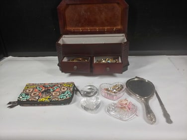 Jewelry Chest, Trinket Dishes, and Various Jewelry