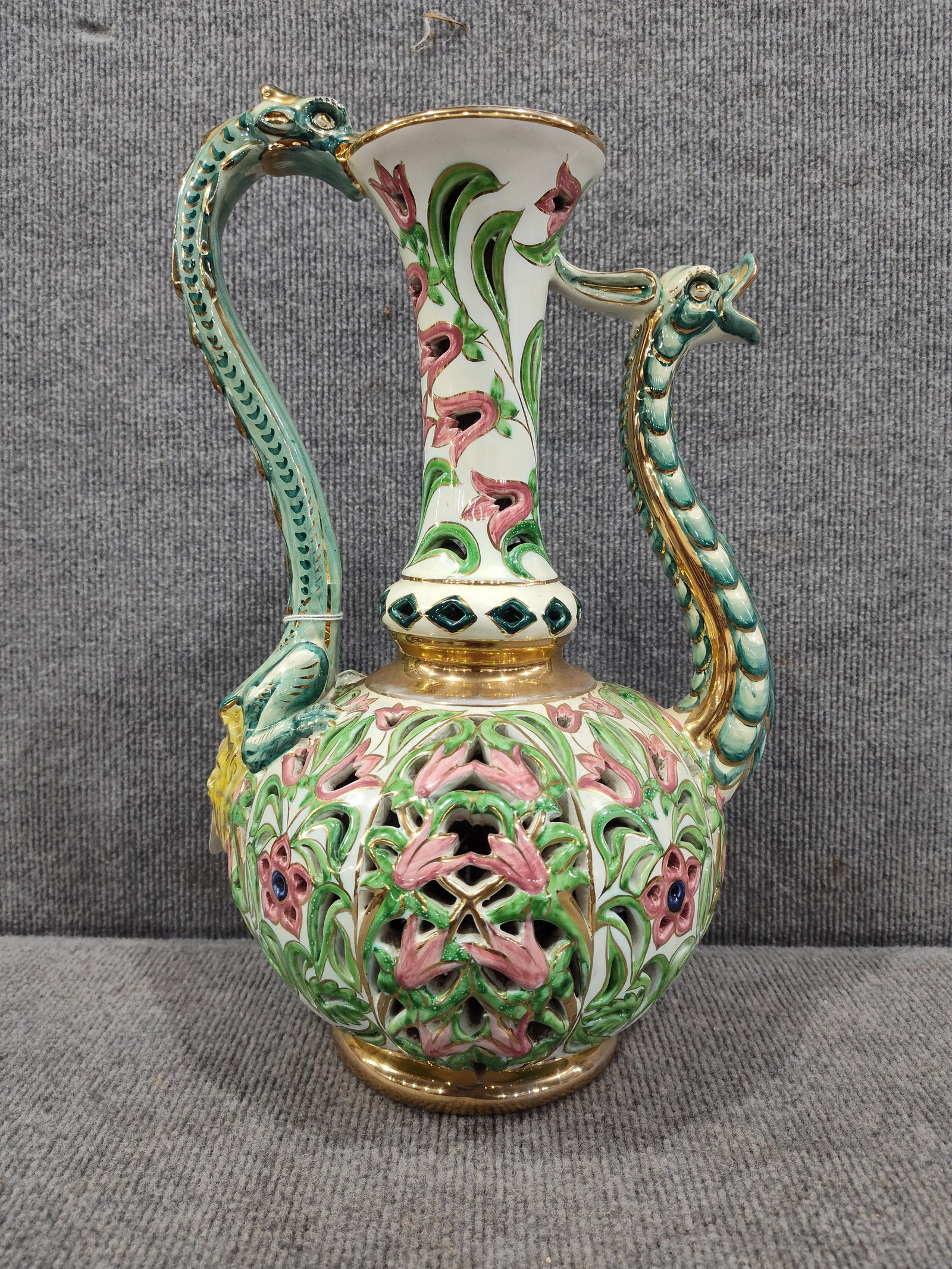 Fine Italian Cantagalli Dragon Vase: Open work pottery featuring two dragon handles and floral design. 15.5 inches tall. Bottom in signed. No major chipping or cracks are found