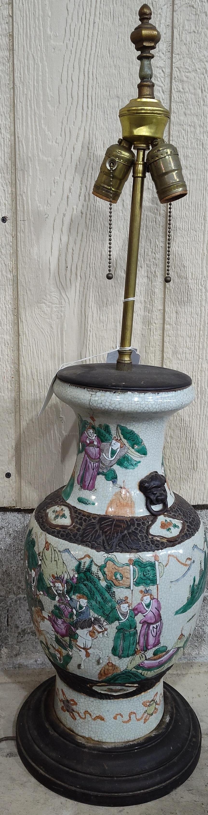 1920s Nanking Chinese Porcelain Lamp: Great colorful images with brass hardware and a wooden base. 36 inches to the top finial