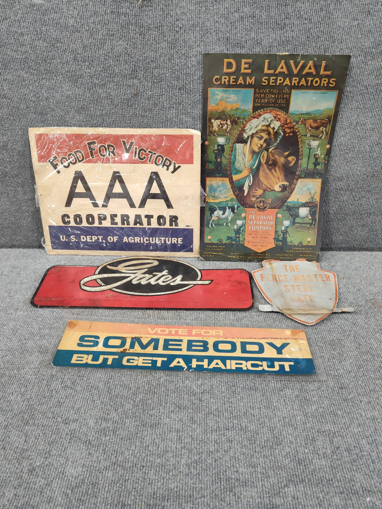 AAA, Delaval, Gates, and other Advertising: AAA signis cardstock, this lot has several tin signs, and newer pieces