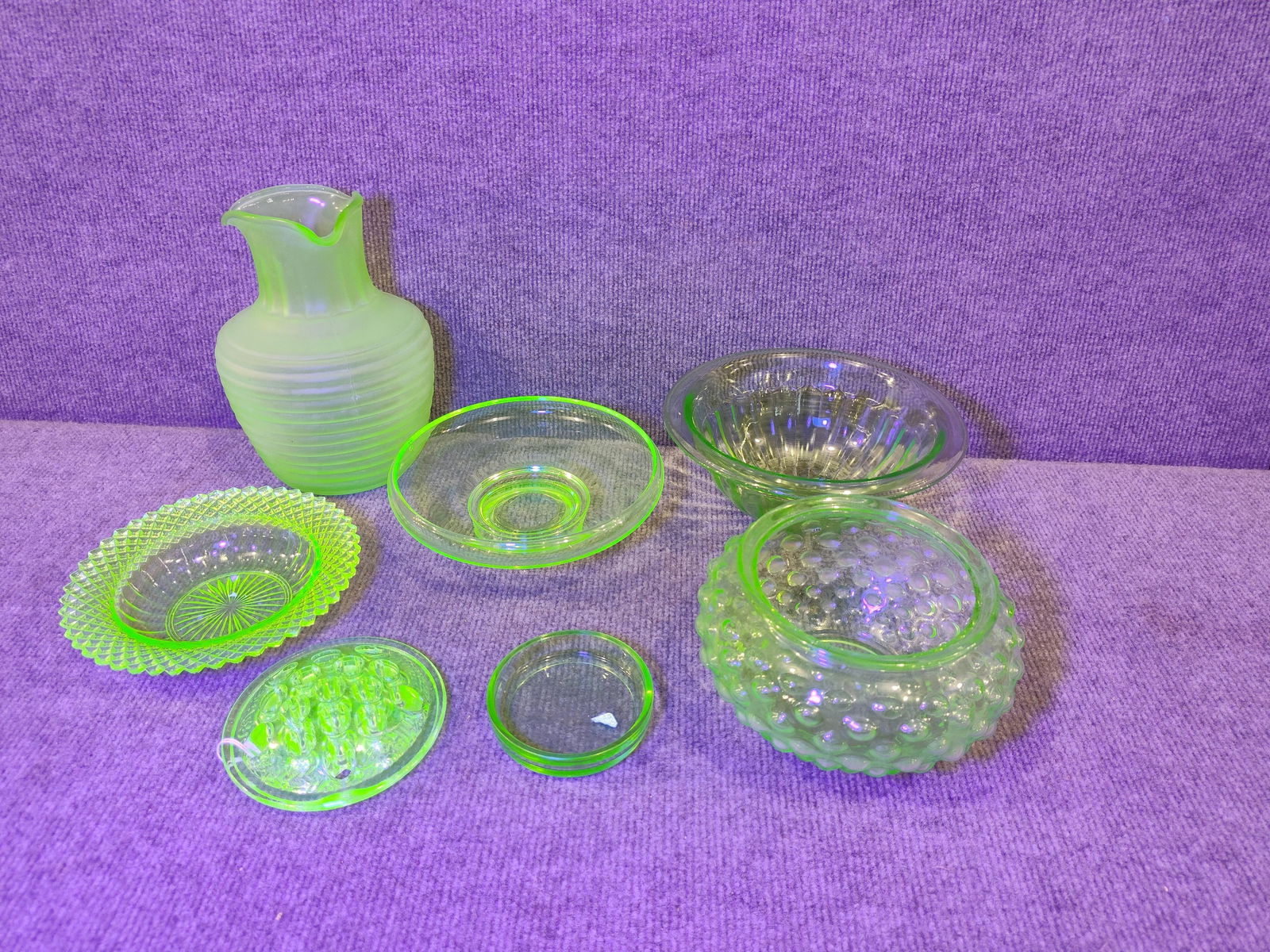 Water Pitcher, Bowls, Flower Frog & Other Uranium Glass Pieces: All glow under UV light