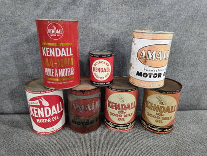 Kendall Motor Oil Cans: Various 1 quart, pint, and an outboard 2 cycle can. 5 cans are full