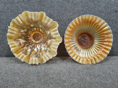Marigold Carnival Glass Bowls: Possibly Indiana glass or Fenton. Each piece is in good condition. 8.5 and 9 inches diameter. Both are free of chips and cracks