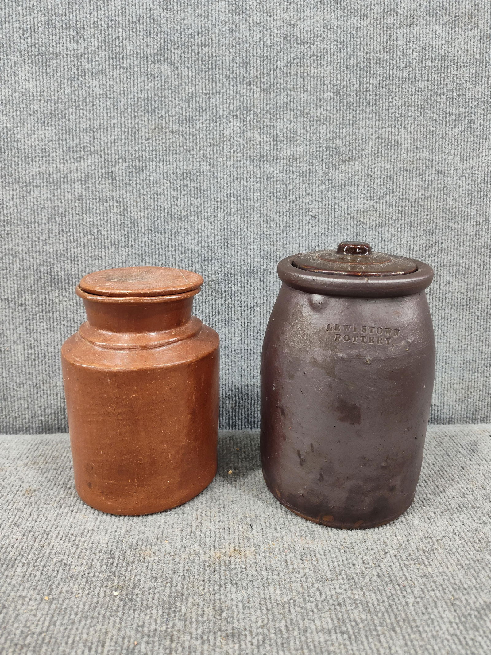 Redware & Lewistown Pottery Store Crocks: both lids have hairline cracks. 7 and 7.5 inches tall