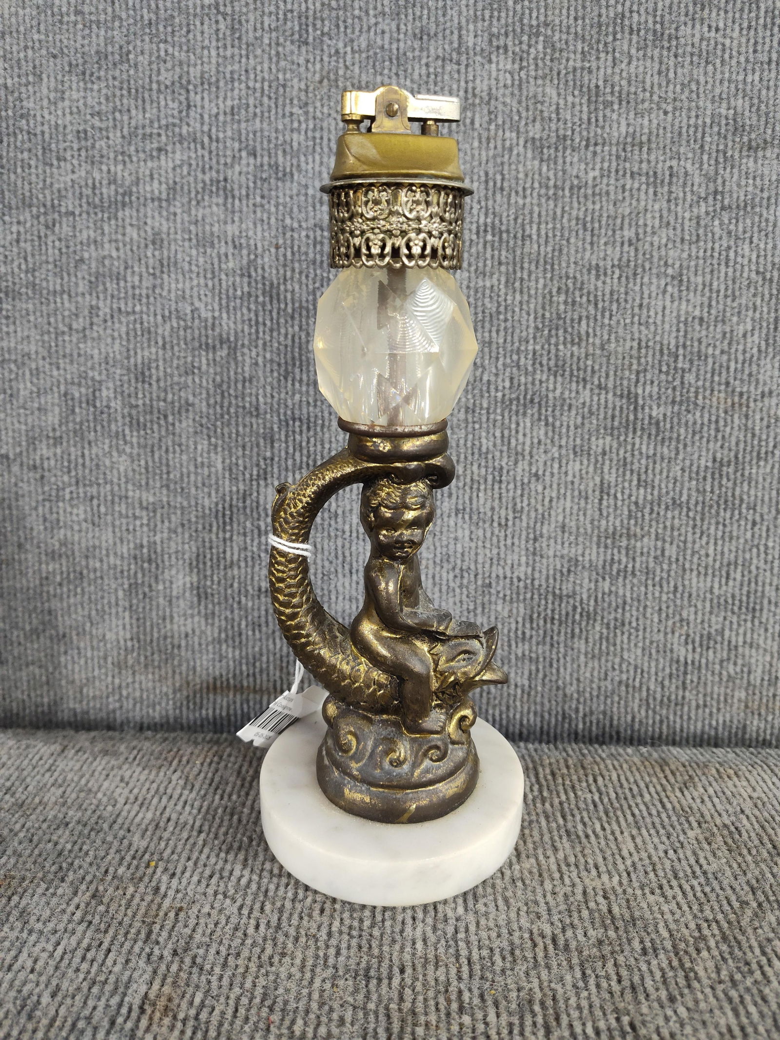 Art Deco Sea Nymph Cigarette Lighter: Made in Italy with a brass body, and marble base. 10 inches tall