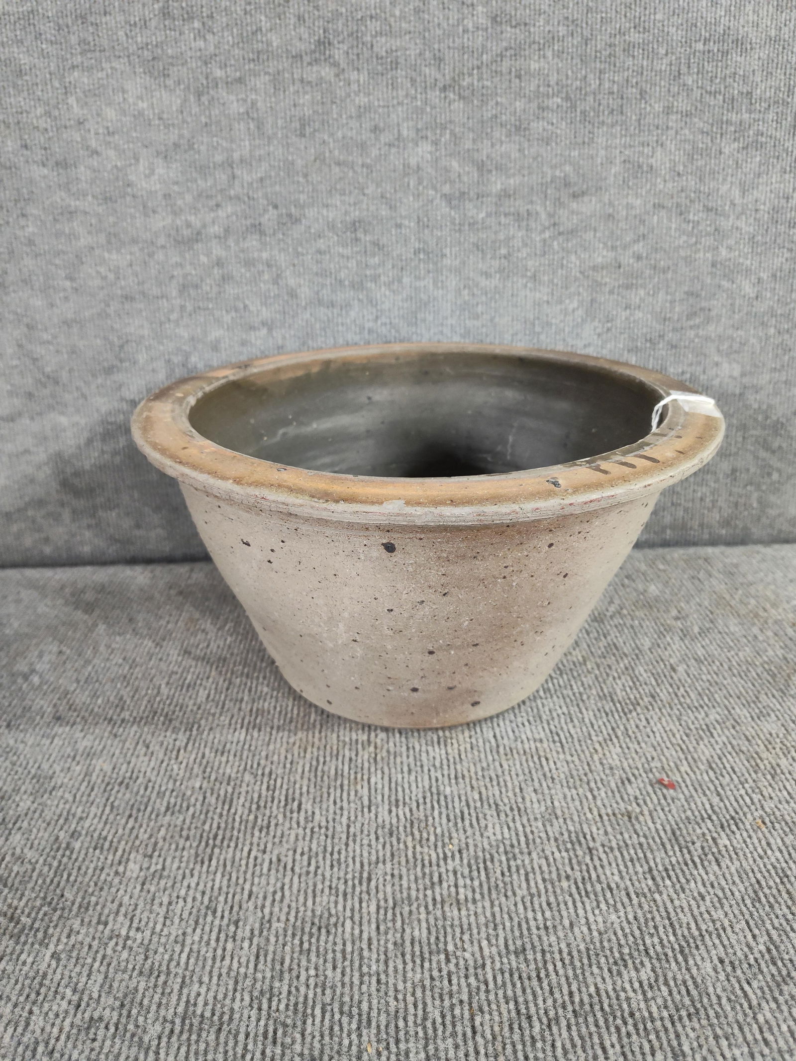 Hand Thrown Stoneware Mixing Bowl: One chip from rim. 12.5 x 6 inches tall. Stamped No 2