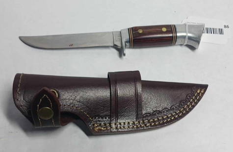 Western W36 Fixed Blade Knife: 5 inch blade with wood handle and leather sheath