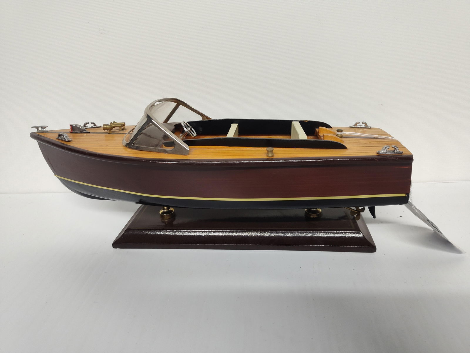Awesome Wood Model Speed Boat: Wood body with plastic and metal detail. Situated on wood base. 14x4.5x5