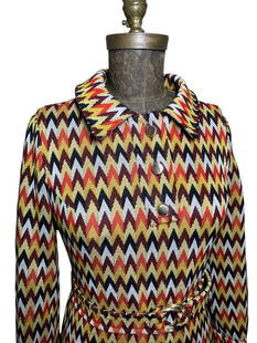 Mod 1960's Micia of Rome Robert Peters Flamestitch Vintage Midi Dress: Fantastic vintage condition, self fabric belt, metallic composite buttons and buckle, working plastic zipper at rear, stable poly fabric, unlined, measurements approximate and taken from the outside o