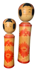 Pair 1940s Japanese Hand Carved, Painted, & Artist Signed Children's Kokeshi Dolls