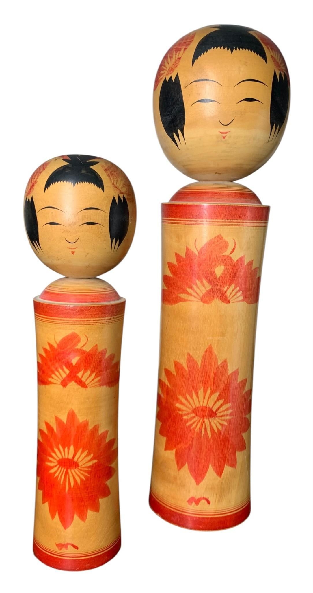 Pair 1940s Japanese Hand Carved, Painted, & Artist Signed Children's Kokeshi Dolls (1 of 8)