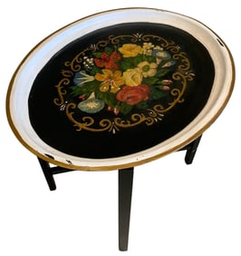 19th Century French Tole Painted Tea Tray Table with Folding Wood Stand
