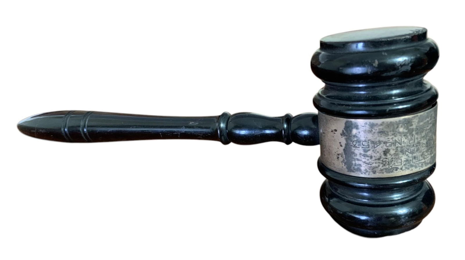 1927 Engraved Sterling Silver Masonic Ann Rutledge Chapter No 453 Secret Secret Society Gavel: Dark ebony hued wood construction, hallmarked Sterling wrap engraved ROSE E CASTLE Worthy Matron Ann Rutledge Chapter No 453 1927, 10" x 3 1/8" x 2", chip of wood missing near one side of the ste