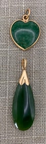 Two Lovely 14k Yellow Gold & Polished Green Jade Necklace Pendants