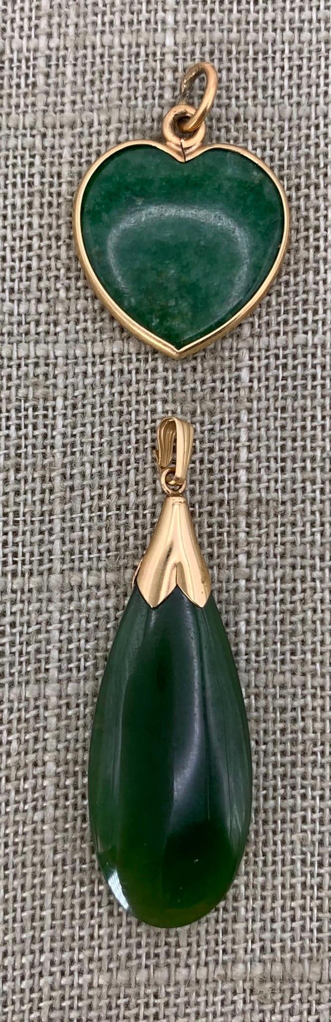 Two Lovely 14k Yellow Gold & Polished Green Jade Necklace Pendants: Both hallmarked 14k, no structural issues, deeply hued, 1 3/4" to 1".