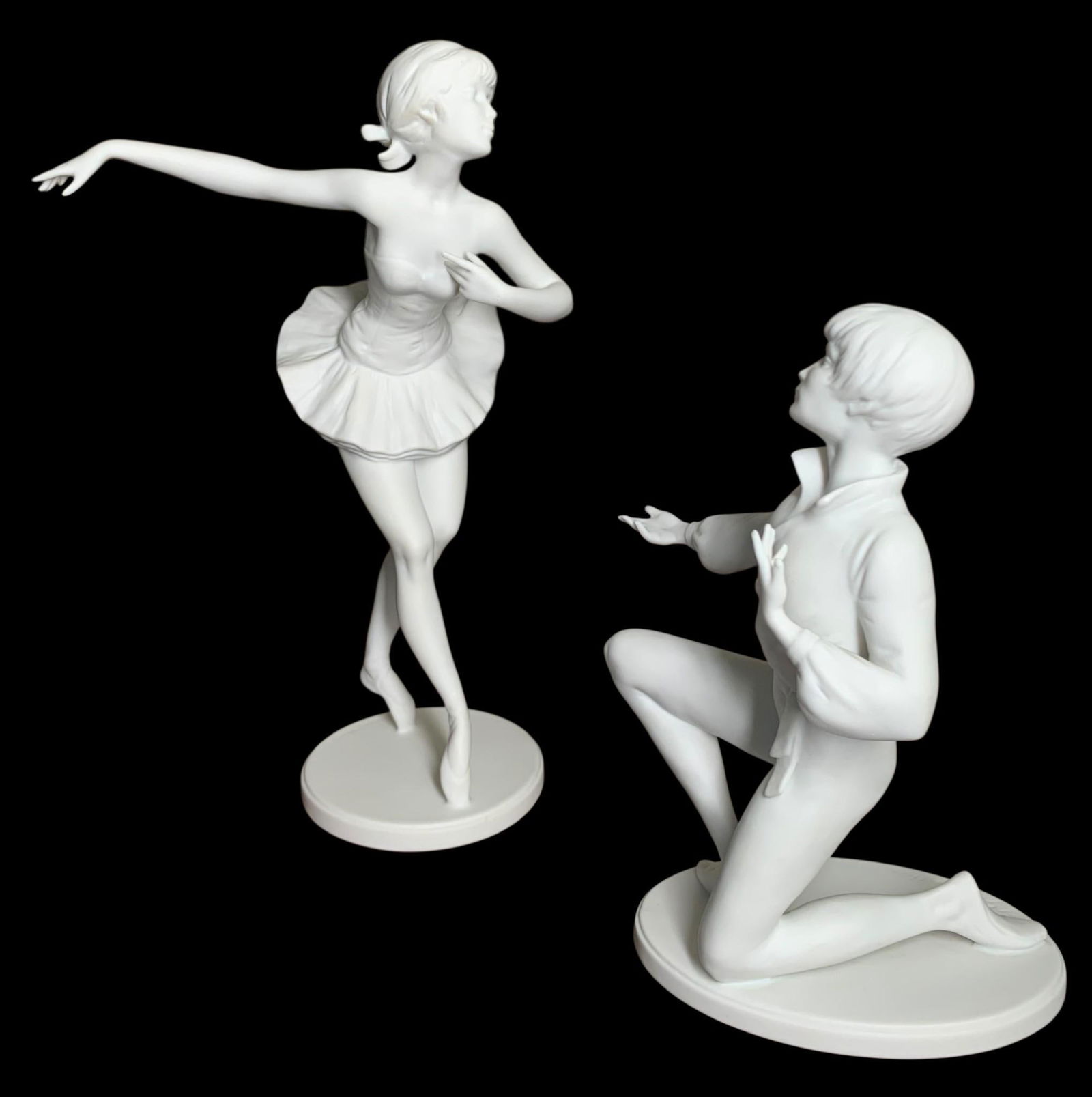 Pair West Germany KAISER Bisque Porcelain Ballerina & Dancer Statues: No structural issues, each marked on the base, accompanied by the Kaiser boxes (some shelf wear to the box).?#617 Ballerina: 9" x 5 1/2"Dancer: 6 1/2" x 4 3/4"